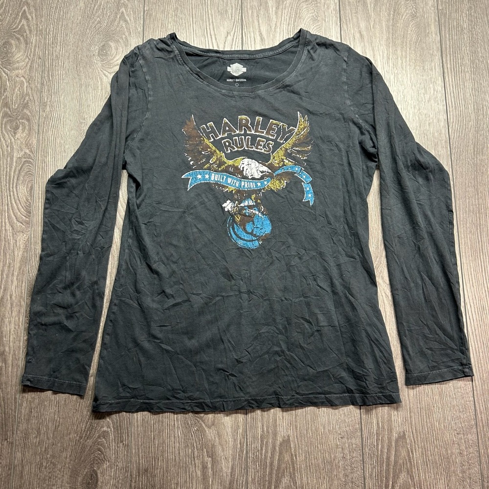 Harley-Davidson Womens Large Harley Rules Eagle Graphic Long Sleeve Shirt Black